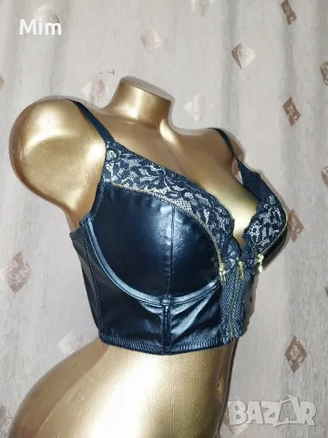 80 С Черен сутиен от кожа и дантела с златист цип , снимка 5 - Бельо - 48857586