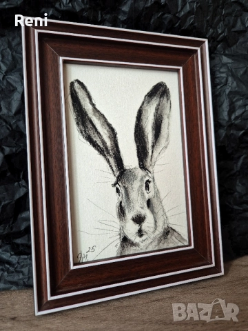 Заек, картина въглен, миниатюра, снимка 3 - Картини - 51740402