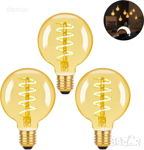 E27 Винтидж крушки G80 декоративни спирални LED сферични крушки, 4W 350lm, 3 броя