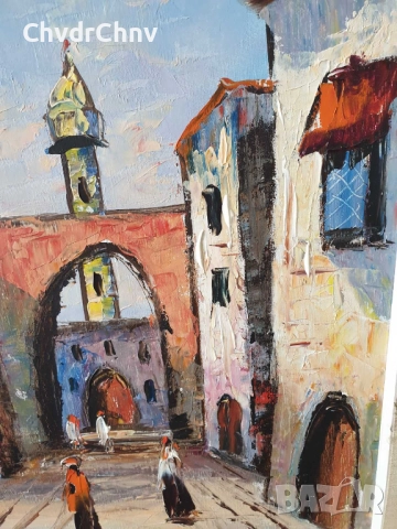 65х57см/стара картина масло върху платно/градски пейзаж-джамия/Мароко-Африка/дървена рамка, снимка 4 - Картини - 51454372