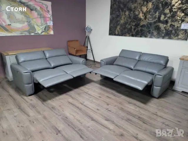 Сив кожен комплект дивани две двойки с електрически релакс механизъм, снимка 5 - Дивани и мека мебел - 48313571