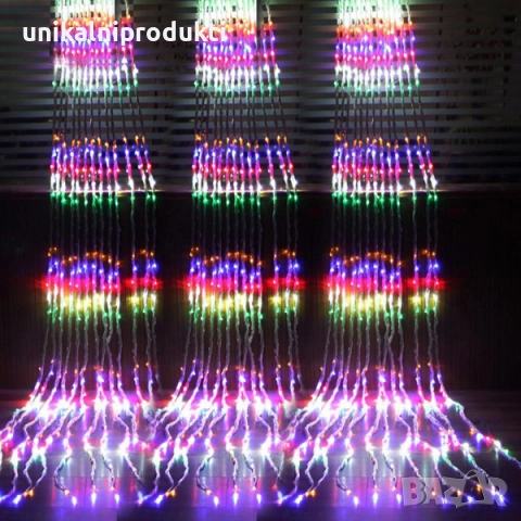 Водопад коледни лампички LED завеса 3м х 3м многоцветна светлина с функция валящ сняг
