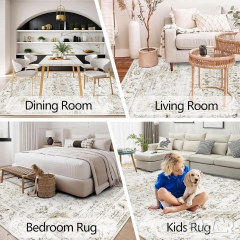 Голям килим Homcomodar 200x300см, Бежов, Перящ се, Винтидж дизайн, снимка 9 - Килими - 53238054