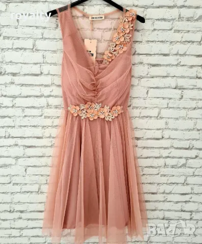 Дамска официална рокля от тюл и цветчета в пудра Два цвята , снимка 2 - Рокли - 49842436