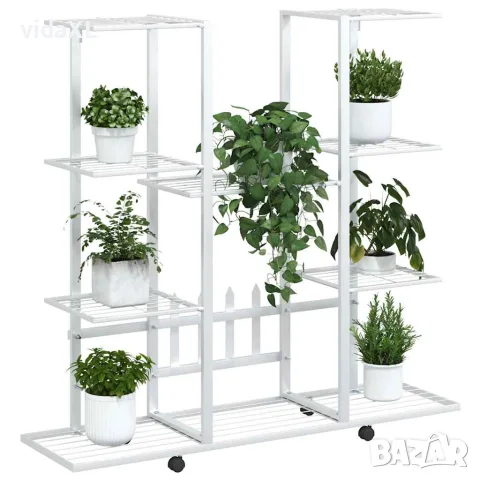 vidaXL Стойка за цветя на колела 94,5x24,5x91,5 см бяла желязо, снимка 4 - Саксии и кашпи - 56147162