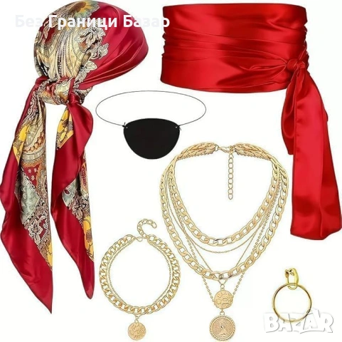 Нови Пиратски аксесоари комплект 6 части бандана колие обеца пояс