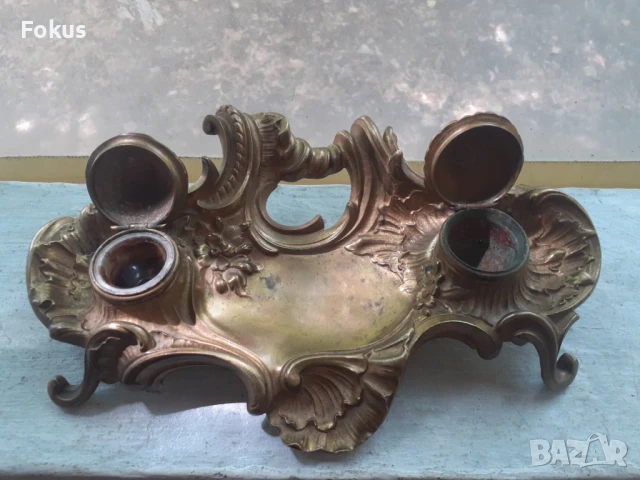 Жестока стара бронзова барокова мастилница - Антика, снимка 2 - Антикварни и старинни предмети - 51358144