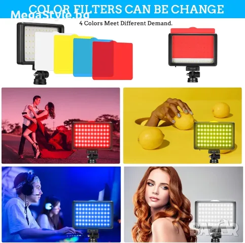 Комплект LED Видео Осветление (2 броя) – 5600K с Мини Триподи и Цветни Филтри, снимка 4 - Светкавици, студийно осветление - 55739133