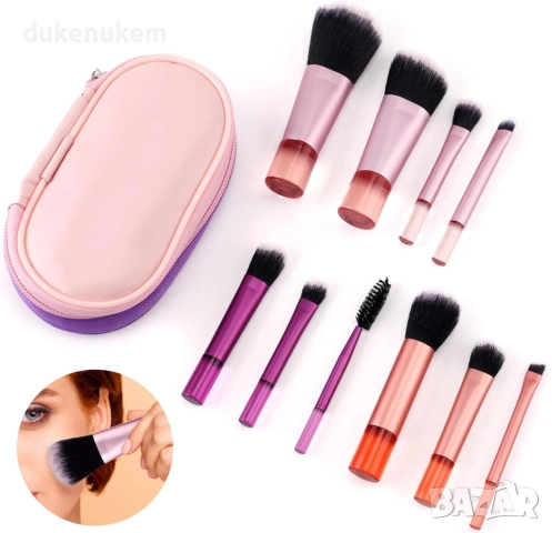 10 бр. мини четки за грим с калъф, компактни, професионални и идеални за пътуване