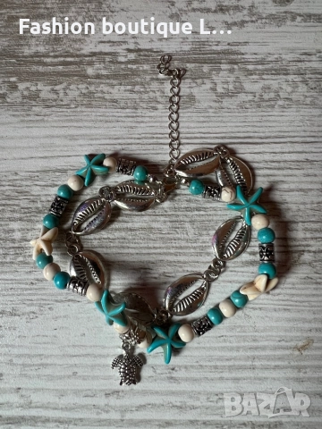 Двойна гривна за крак или ръка с сребърни мидички и тюркоазени камъчета с висулка костенурка 💚🩵💙, снимка 3 - Гривни - 52376522