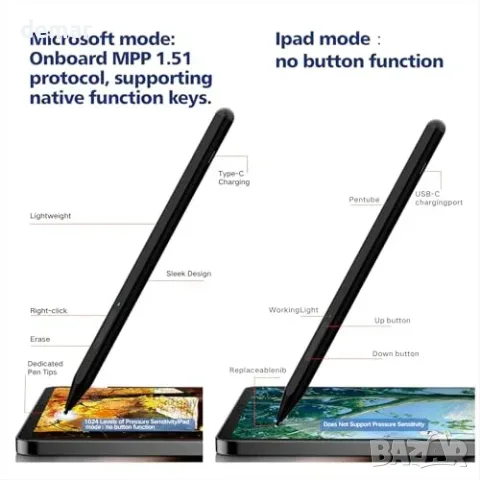 Активен стилус за Microsoft Surface и iPad 2018–2025 с наклон и palm rejection, снимка 5 - Друга електроника - 55829673