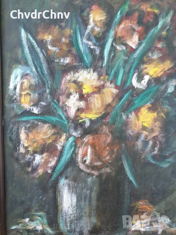 48х37см/картина масло върху фазер/натюрморт ваза с цветя/1987/дървена рамка, снимка 2 - Картини - 50823338