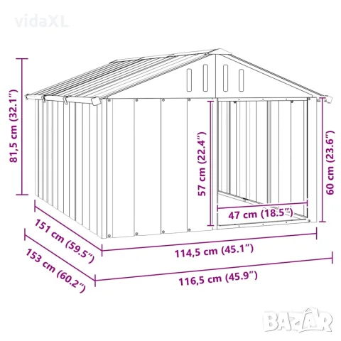 vidaXL Кучешка къща антрацит 116,5x153x81,5 см поцинкована стомана, снимка 9 - За кучета - 56146350