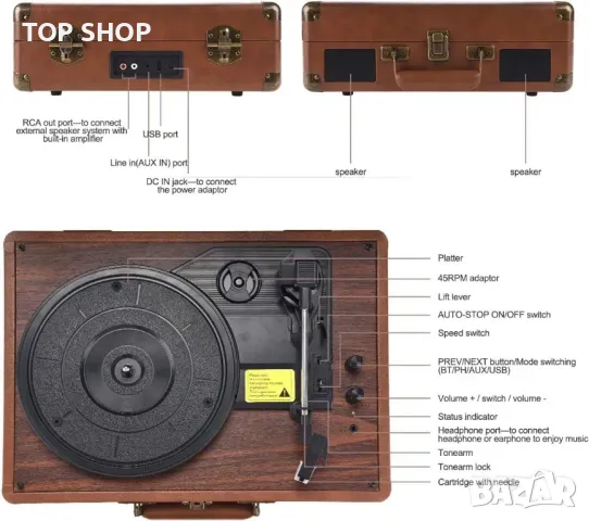 AETKFO Bluetooth 33/45/78 RPM винилов грамофон с вградени високоговорители, снимка 5 - Грамофони - 49050292