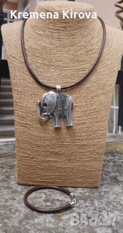 Дамско колие Слон. С естествена кожа. С гривна. Бижута Луди гъби., снимка 2 - Бижутерийни комплекти - 50683151