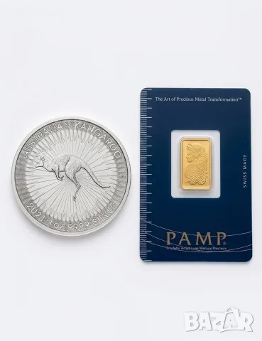 Инвестиционен пакет : Инвестиционно злато 5гр PAMP и Сребърна монета 1oz Australian Kangaroo