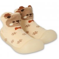 Полски бебешки обувки чорапки, Бежови с мече, снимка 1 - Бебешки обувки - 38765814