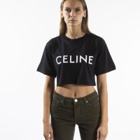 CELINE Black Logo Print Cropped Дамска Тениска size XL, снимка 2 - Тениски - 42843019
