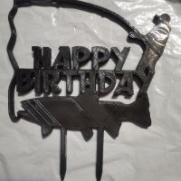 Happy Birthday Рибар риболов риба пластмасов черен топер украса за торта рожден ден, снимка 2 - Други - 42908208