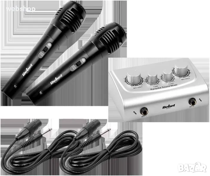 Караоке Миксер пулт 2 канален, 2 микрофонни входа, комплект 2 микрофона, снимка 1