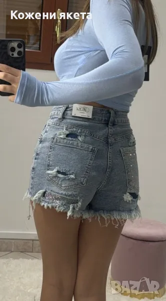 Къси дънкови панталонки с лъскав джоб камъни, снимка 1