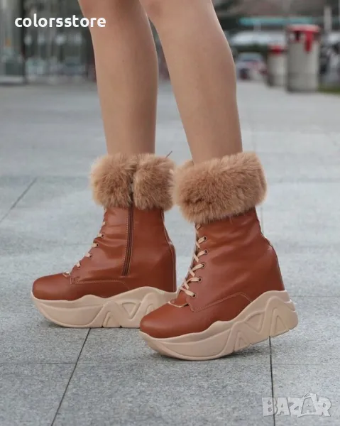 Боти на платформа - кафява кожа с бежов пух - BPH1, снимка 1