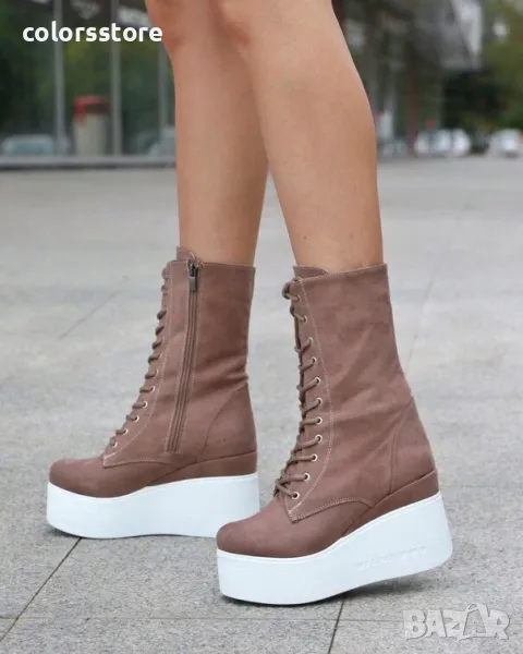 Боти на платформа - кафяв велур с бяло ходило - VP1, снимка 1