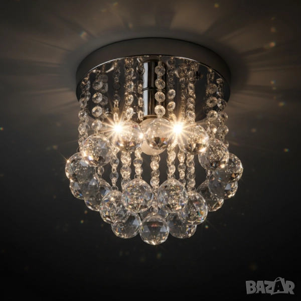 Модерен таванен полилей с големи кристални сфери и основа в сребристо, снимка 1