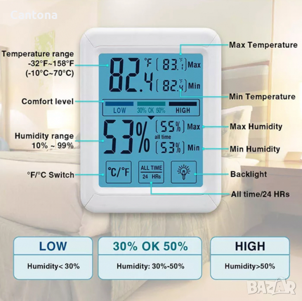 Цифров хигрометър термометър, подсветка на LCD, индикатор за климат, сензорни бутони, снимка 1