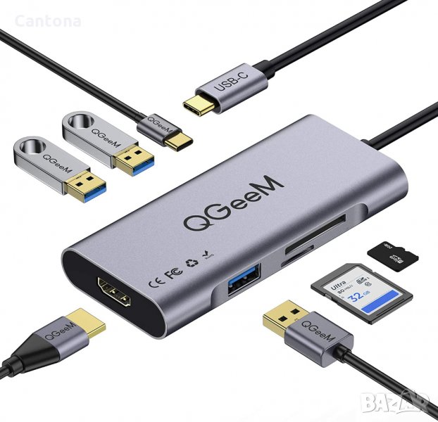 QGeeM USB C Hub 7 в 1 USB C, 4K HDMI ,PD 100 W , 3 Х​ USB 3.0 порта, SD/TF четец на карти, снимка 1