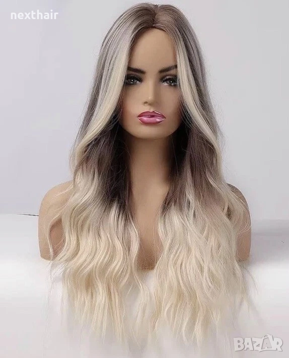 Красива руса вълнообразна перука с черни и кафяви акценти балеаж кичури, снимка 1