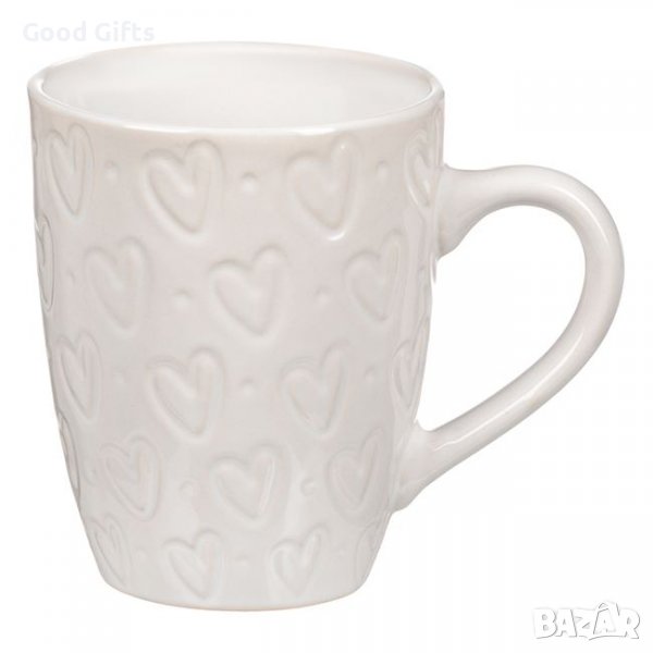Керамична чаша Бели Релефни Сърца 350 мл, снимка 1