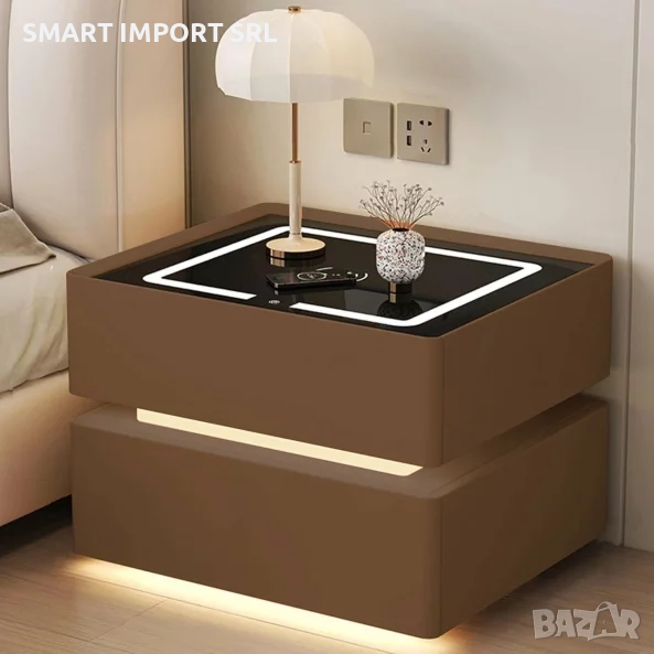 Интелигентно нощно шкафче Smart Heater LED, с безжично зареждане, кафяв, снимка 1