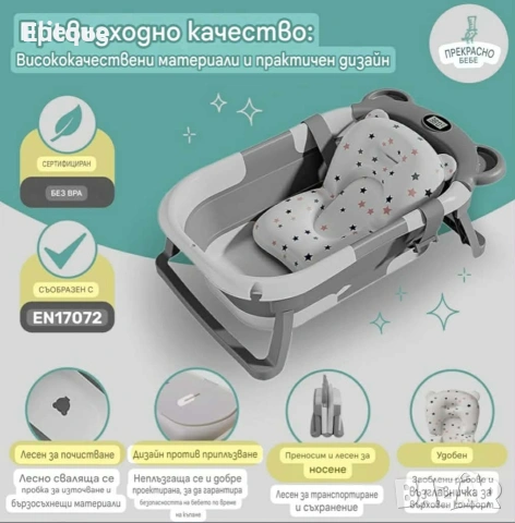 Сгъваема бебешка вана с термометър и възглавница, снимка 2 - Детски колички - 53006038