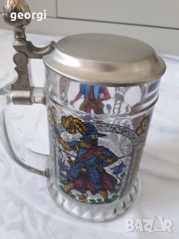 Немска стъклена халба с метален капак   4/1, снимка 2 - Колекции - 31454328