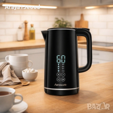 Електрическа кана Hanseatic 1.7L, 2200W, дигитален дисплей и контрол на температурата, черна