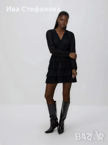 Нова луксозна къса черна елегантна волани къдри  рокля V образно деколте , снимка 5 - Рокли - 49299784