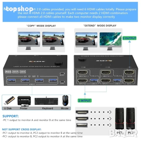 НОВ, ТЕСТВАН, ПЕРФЕКТЕН KVM Switch суич за 2 компютъра към 2 монитора, HDMI KVM Switcher USB 3.0..., снимка 6 - Кабели и адаптери - 50493286
