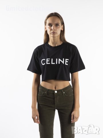 CELINE Black Logo Print Cropped Дамска Тениска size XL, снимка 2 - Тениски - 42843019