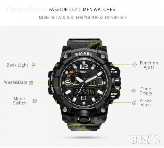 Спортен часовник SMAEL 1545 Black, черен цвят, снимка 2 - Мъжки - 38882084