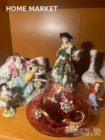 EGERMANN BOHEMIAN RUBY RED CRYSTAL Cup and Saucer - невероятно красив и стилен двоен сет , снимка 8 - Антикварни и старинни предмети - 52638785