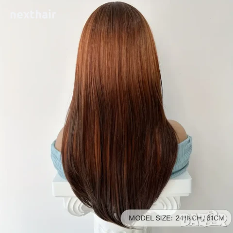 Оранжева омбре перука с кафяви корени и краища с дълъг бретон, снимка 2 - Аксесоари за коса - 50479024