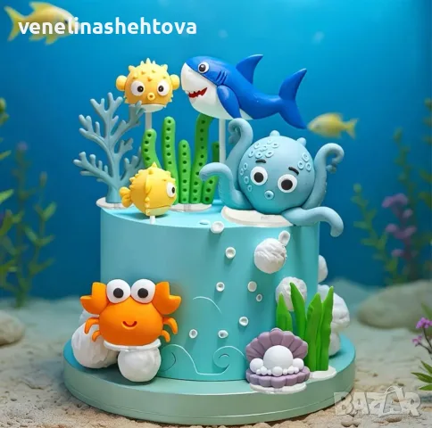 Комплект морски фигурки октопод рак акула водорасли декорация торта , снимка 2 - Други - 54085995