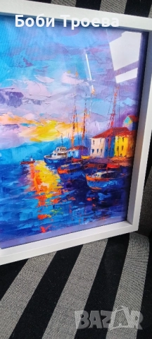 Модерна Стенна Декорация с Рамка -Спокойни Лодки и Сграда, снимка 3 - Картини - 51974318