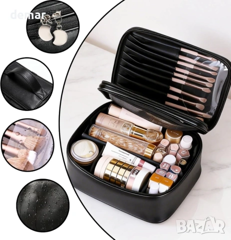 Голяма дамска чанта за гримове с 4 отделения за съхранение, регулируеми разделители, снимка 3 - Чанти - 53984053