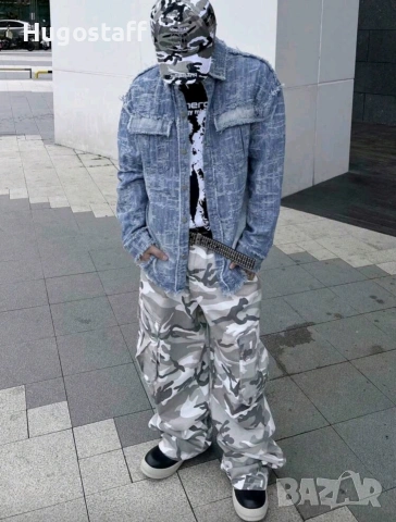 Ново мъжко карго дънково яке риза Street Style накъсан вид овърсайз деним памук ХЛ, снимка 3 - Якета - 53093259