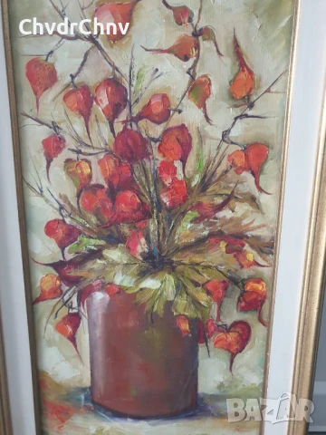70х40см/стара голяма картина масло върху платно/натюрморт ваза с цветя/китайски фенери/дървена рамка, снимка 2 - Картини - 51192515