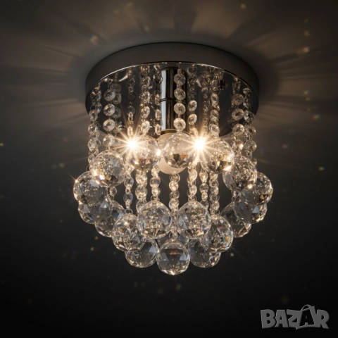 Модерен таванен полилей с големи кристални сфери и основа в сребристо