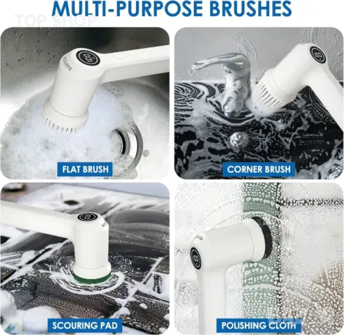 Електрическа безжична почистваща четка за захранване с 6 сменяеми глави на четки и 2 ско, снимка 5 - Съдове за готвене - 48830195