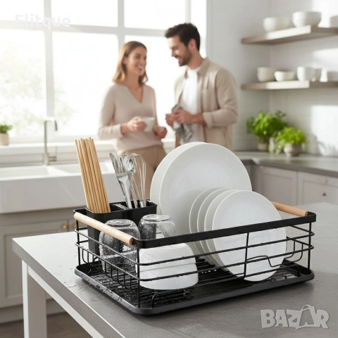 Компактен сушилник за съдове с отцеждаща табла Cheffinger – метален, 43 x 32 x 14 см, модерен дизайн